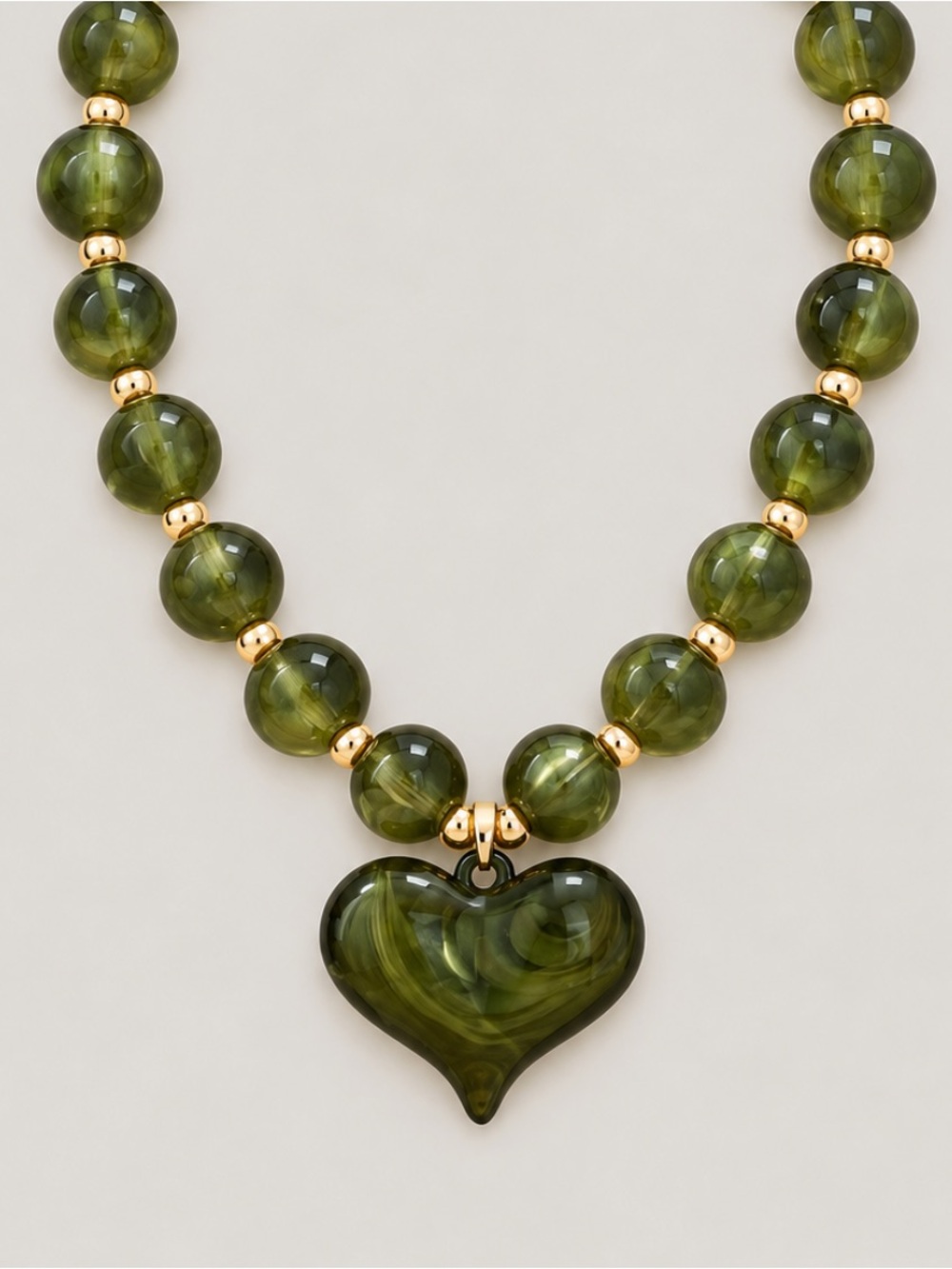 New! Olive Green Beaded Heart Necklace NWOT
